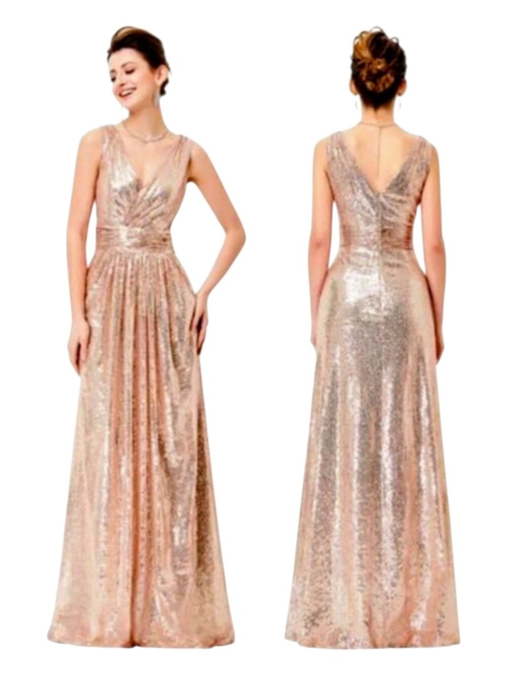 Kate Kasin Sequin Gown Rose Gold Formal Evening Sleeveless Maxi Dress Prom 12